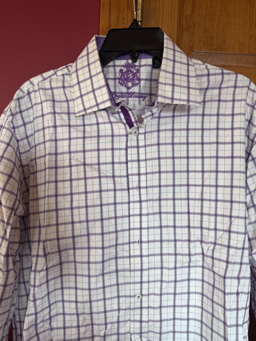 English Laundry White Dress Shirt with Purple Windowpane Check
